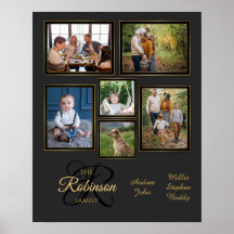 Elegant Grått Black Guld Photo Collage Family Namn