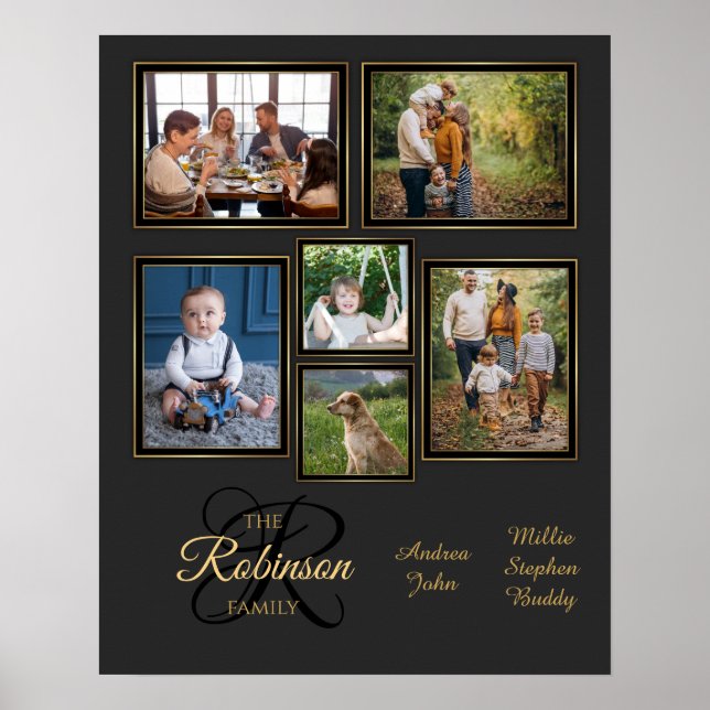 Elegant Grått Black Guld Photo Collage Family Namn Poster (Framsidan)