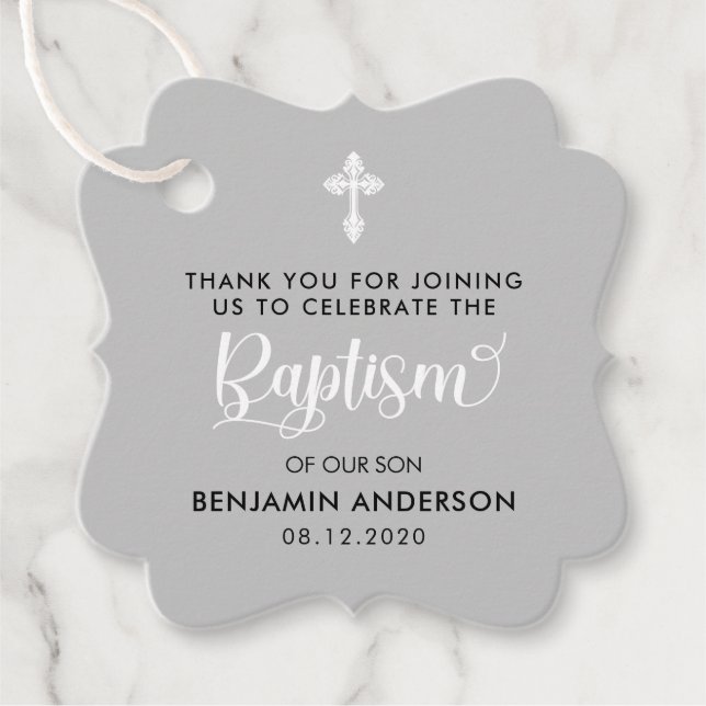 Elegant Grått Boy Baptism Tack Gåvor Etiketter (Framsida)