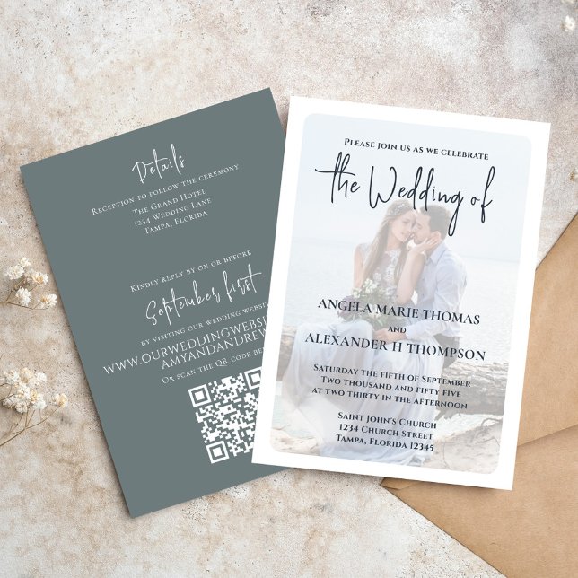 Elegant Grått Bröllop-fotomall Inbjudningar (Elegant photo Wedding invitation with QR Code and simple grey.)