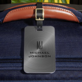 Elegant Grått Brushed Metallic Monogrammed Initial Bagagebricka