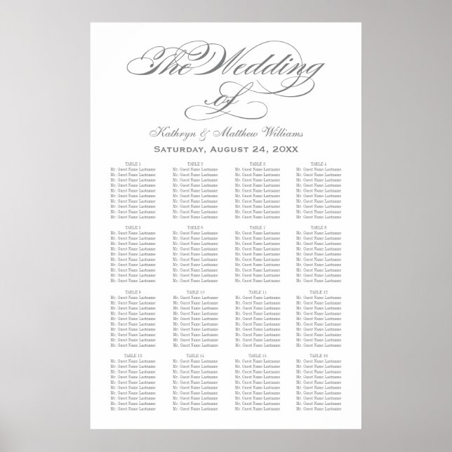 Elegant Grått Calligraphy Bröllop Seatdiagram Poster (Framsidan)