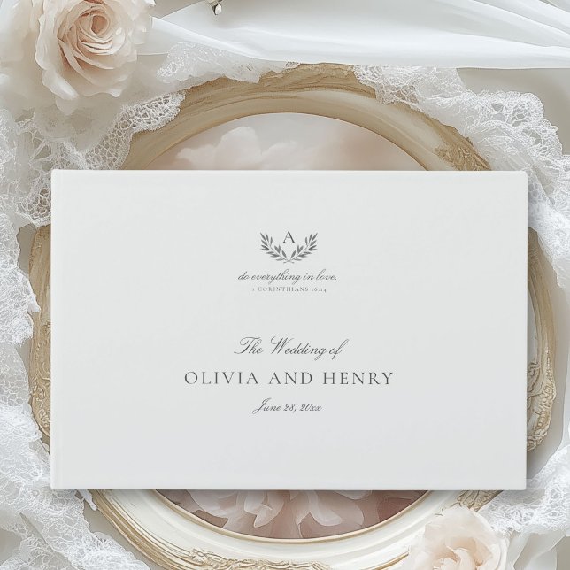 Elegant Grått Calligraphy Script & Monogram Bröllo Gästböcker (Elegant, simple wedding guest book with mongram, laurel leaves and calligraphy)