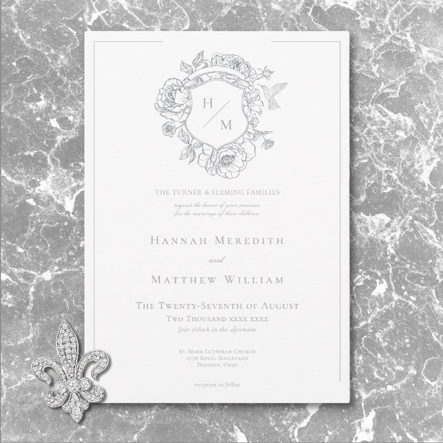 Elegant Grått Chinoiserie Bird & Vapensköld Bröllo Inbjudningar (Elegant Gray Chinoiserie Bird & Crest Wedding Invitation)