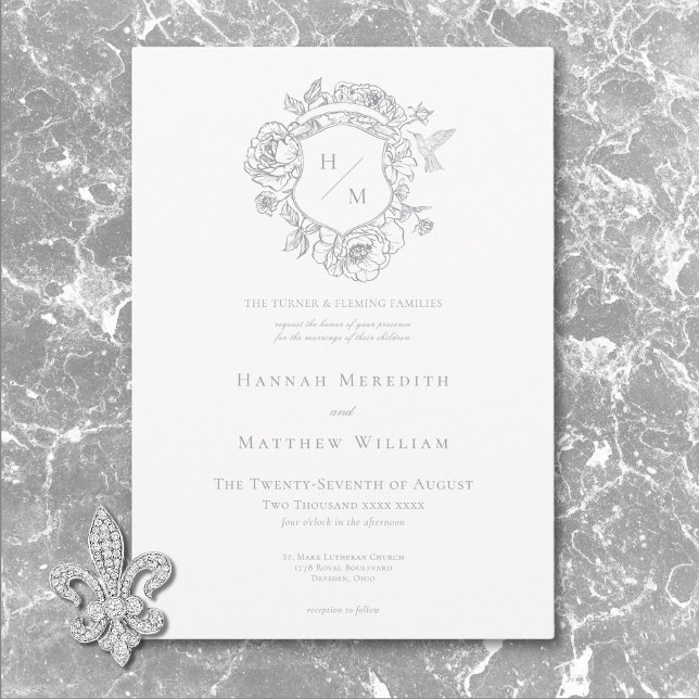 Elegant Grått Chinoiserie Bird & Vapensköld Bröllo Inbjudningar (Elegant Gray Chinoiserie Bird & Crest Wedding Invitation)