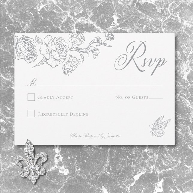 Elegant Grått Chinoiserie Bird & Vapensköld Bröllo OSA Kort (Elegant Gray Chinoiserie Bird & Crest Wedding RSVP Card)