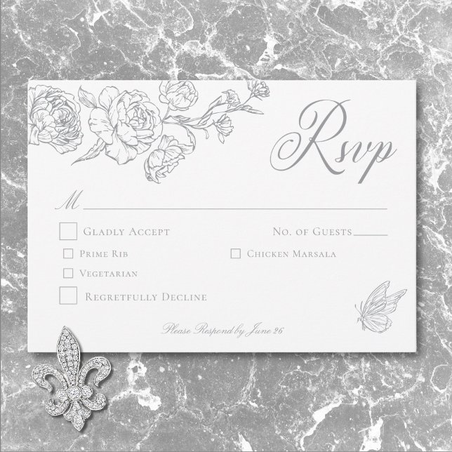 Elegant Grått Chinoiserie Bird & Vapensköld Bröllo OSA Kort (Elegant Gray Chinoiserie Bird & Crest Wedding RSVP Card)