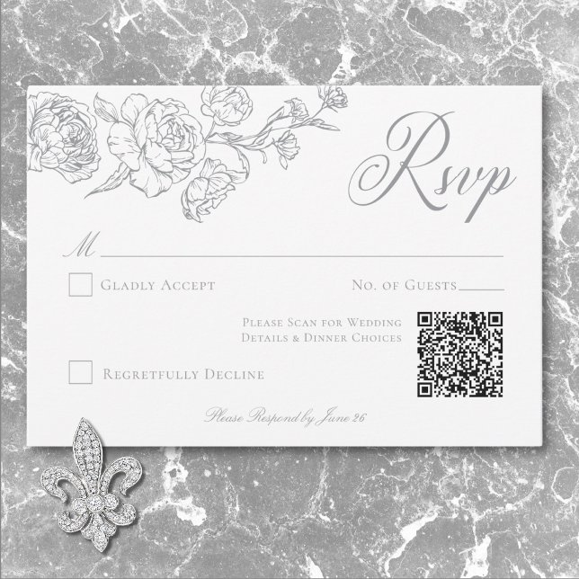 Elegant Grått Chinoiserie Bird & Vapensköld Bröllo OSA Kort (Elegant Gray Chinoiserie Bird & Crest Wedding QR RSVP Card)