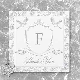 Elegant Grått Chinoiserie Bird & Vapensköld Bröllo Tack Kort