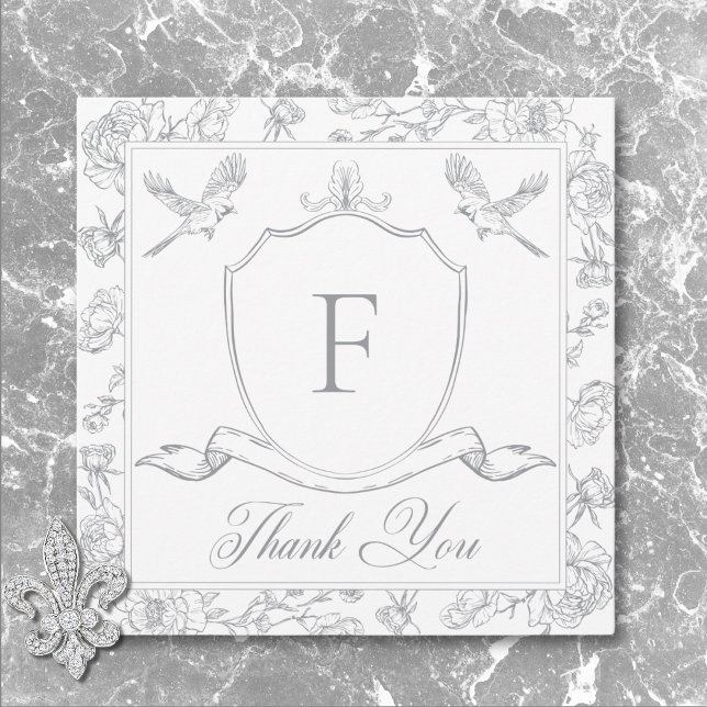 Elegant Grått Chinoiserie Bird & Vapensköld Bröllo Tack Kort (Elegant Gray Chinoiserie Bird & Crest Wedding Thank You Card)