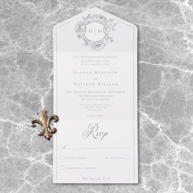 Elegant Grått Chinoiserie Bird Vapensköld Bröllop (Elegant Gray Chinoiserie Bird Crest Wedding Dinner All In One Invitation)