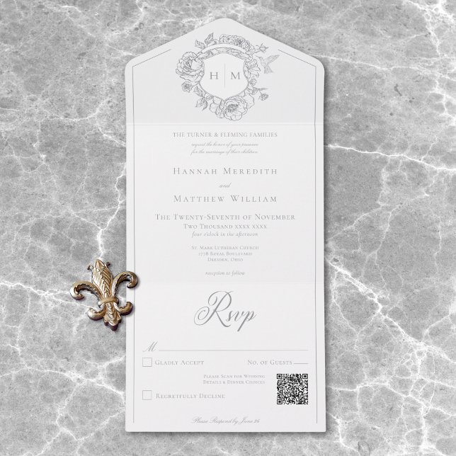 Elegant Grått Chinoiserie Bird Vapensköld Bröllop  (Elegant Gray Chinoiserie Bird Crest Wedding QR All In One Invitation)