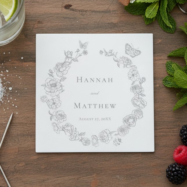 Elegant Grått Chinoiserie Bird Vapensköld Bröllop Pappersservett (Skapare uppladdad)