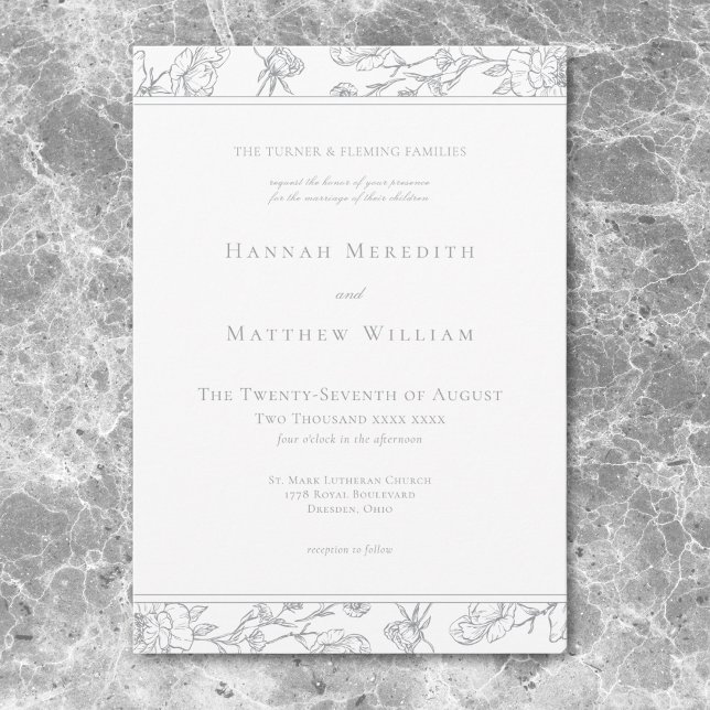 Elegant Grått Chinoiserie Bird Vapensköld Gräns Br Inbjudningar (Elegant Gray Chinoiserie Bird Crest Border Wedding Invitation)