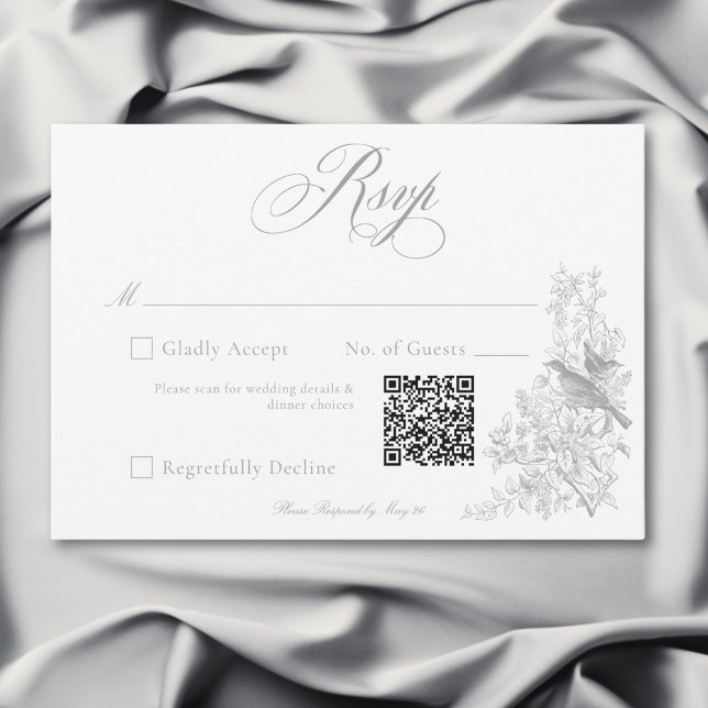 Elegant Grått Chinoiserie Nature & Birds Bröllop Q OSA Kort (Elegant Gray Chinoiserie Nature & Birds Wedding QR RSVP Card)