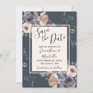Elegant Grått Cream Blommigt Navy Background Bröll Spara Datumet
