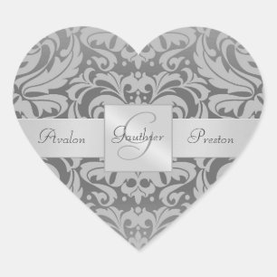 Elegant Grått Damask Heart Bröllop Sticker Hjärtformat Klistermärke