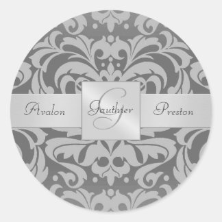 Elegant Grått Damask Monogram Bröllop Sticker Runt Klistermärke