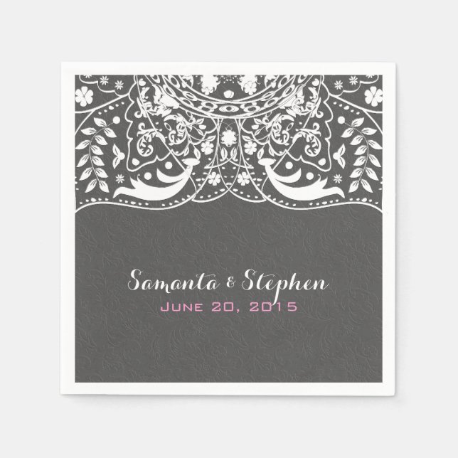 Elegant Grått Damasks White Vintage Snöre Pappersservett (Framsidan)