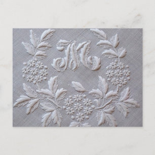 Elegant Grått Embroidery Blommigt Monogram brev M Vykort