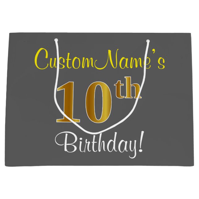 Elegant, Grått, Faux Guld 10:e födelsedagen + Namn (Framsidan)