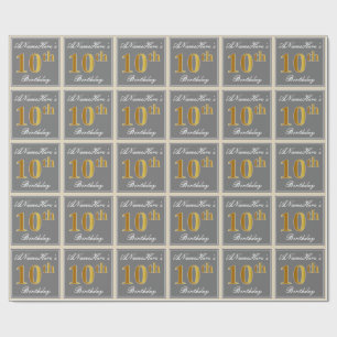 Elegant, Grått, Faux Guld 10:e födelsedagen + Namn Presentpapper