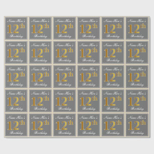 Elegant, Grått, Faux Guld 12:e, födelsedag + Namn Presentpapper