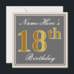 Elegant, Grått, Faux Guld 18th Birthday   Namn Inbjudningar<br><div class="desc">Den här enkla inbjudan och elegant födelsedagsfest innehåller ett meddelande om personlig som "Namn-här's 18:e födelsedagen" (med "18:e" som har ett utseende som liknar ett faux-/imitationsfärgat guld) i en kvadrat med grått-färgad som har en enkel gräns-kontur. namn finns i en elegant som är skript som liknar den vita färgaden och...</div>