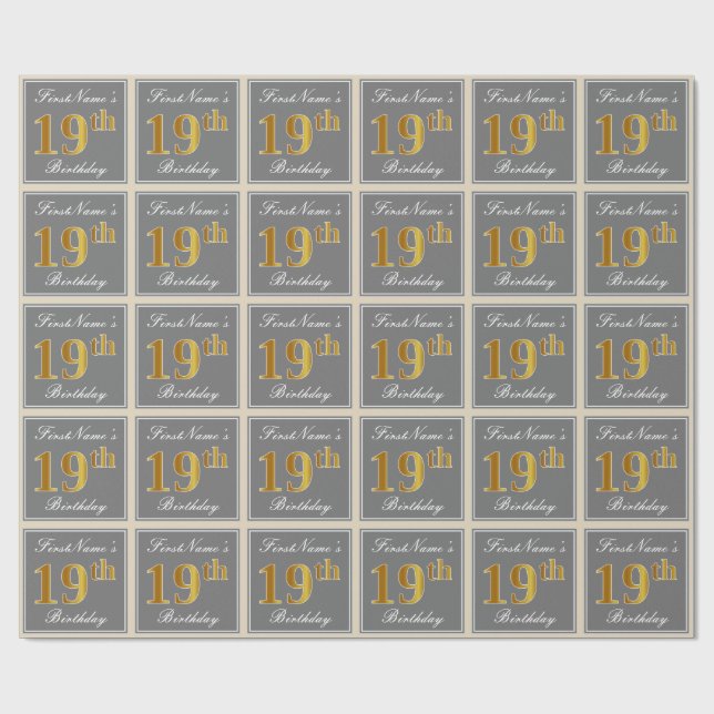 Elegant, Grått, Faux Guld 19:e födelsedagen + Namn Presentpapper (Platt)