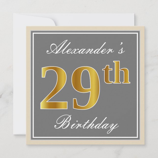 Elegant, Grått, Faux Guld 29:e födelsedagen + Namn Inbjudningar (Framsida)