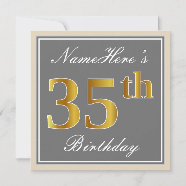 Elegant, Grått, Faux Guld 35e Birthday + Namn Inbjudningar (Framsida)