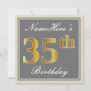 Elegant, Grått, Faux Guld 35e Birthday + Namn Inbjudningar