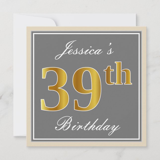 Elegant, Grått, Faux Guld 39:e födelsedagen + Namn Inbjudningar (Framsida)