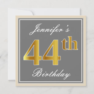 Elegant, Grått, Faux Guld 44:e födelsedagen + Namn Inbjudningar