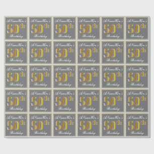 Elegant, Grått, Faux Guld 50:e födelsedagen + Namn Presentpapper
