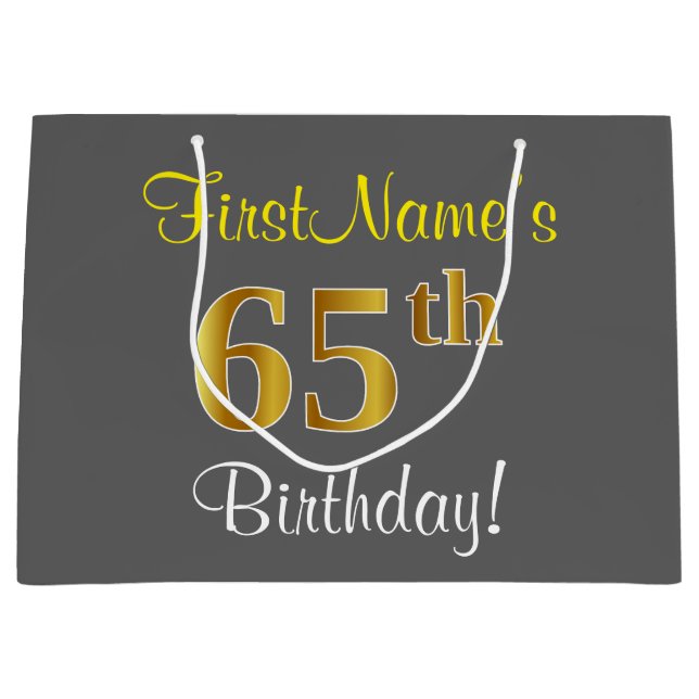 Elegant, Grått, Faux Guld 65e Birthday + Namn (Framsidan)