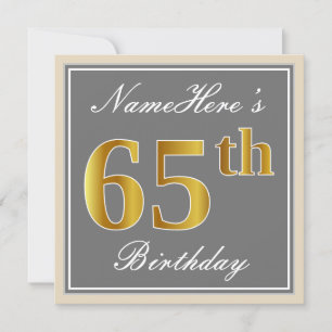 Elegant, Grått, Faux Guld 65e Birthday + Namn Inbjudningar