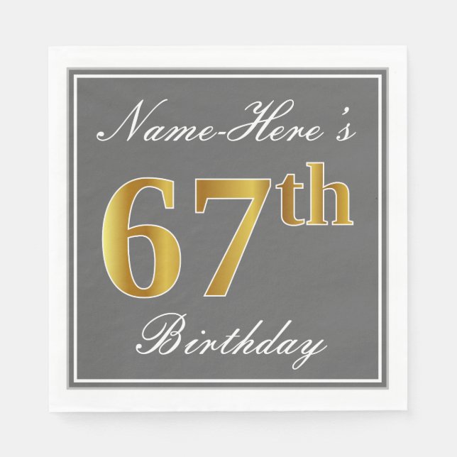 Elegant Grått, Faux Guld 67:e födelsedagen; Anpass Pappersservett (Framsidan)