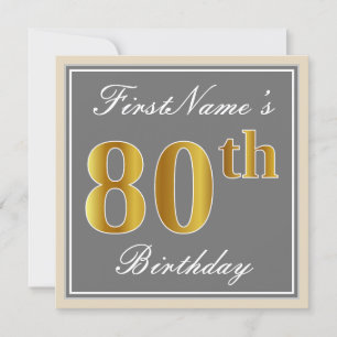Elegant, Grått, Faux Guld 80 Birthday + Namn Inbjudningar