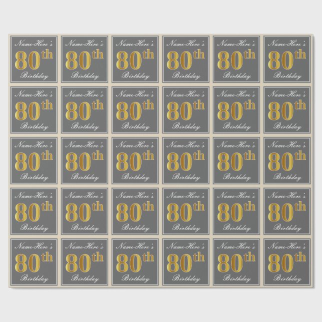 Elegant, Grått, Faux Guld 80 Birthday + Namn Presentpapper (Platt)