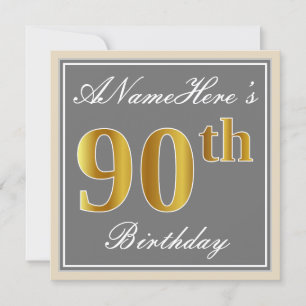 Elegant, Grått, Faux Guld 90:e Birthday + Namn Inbjudningar