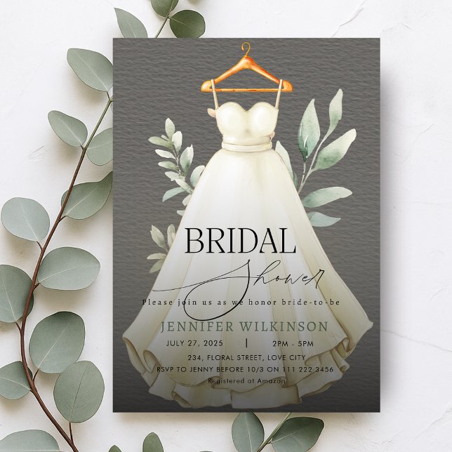 Elegant Grått Greenery Dress Gown Möhippa Inbjudningar (Elegant Gray Greenery Dress Gown Bridal Shower Invitation)