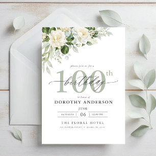 Elegant Grått Grönt Blommigt 100 födelsedagar Inbjudningar