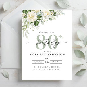 Elegant Grått Grönt Blommigt 80 födelsedagar Inbjudningar