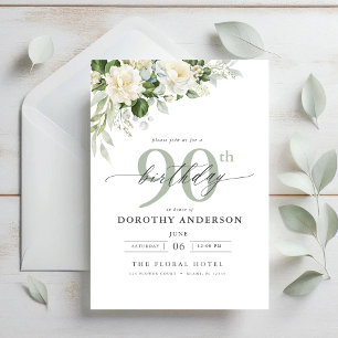 Elegant Grått Grönt Blommigt 90:e födelsedag Inbjudningar