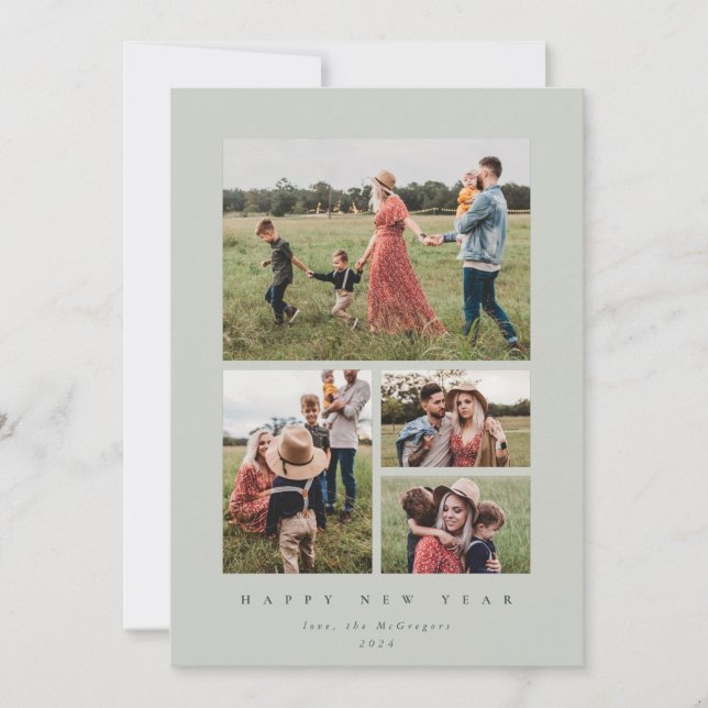 Elegant Grått-Grönt Ram 4 Photo Gott nytt år Julkort (Framsida)