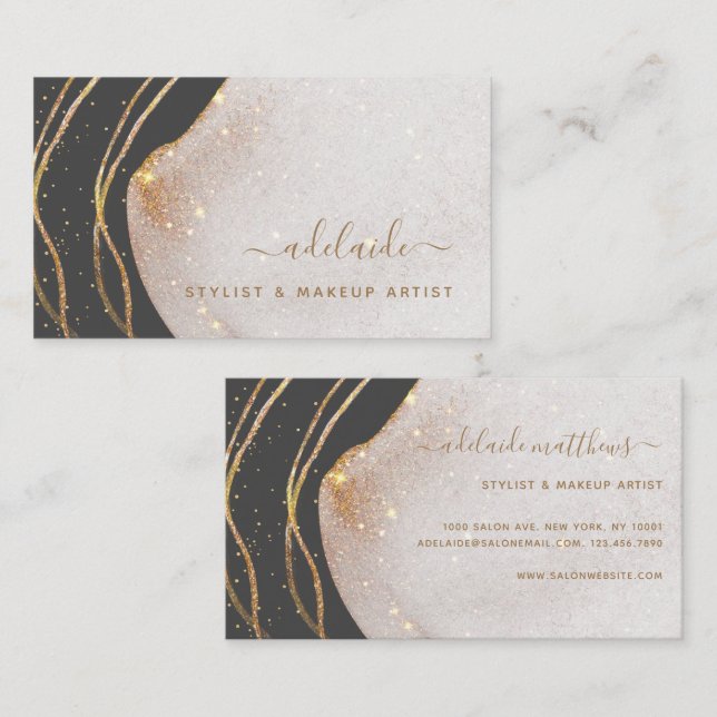 Elegant Grått Guld Glitter Namnteckning skriptagat Visitkort (Fram/baksida)