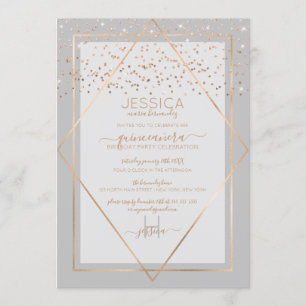 Elegant Grått Guld Konfetti Gräns Quinceañera Inbjudningar