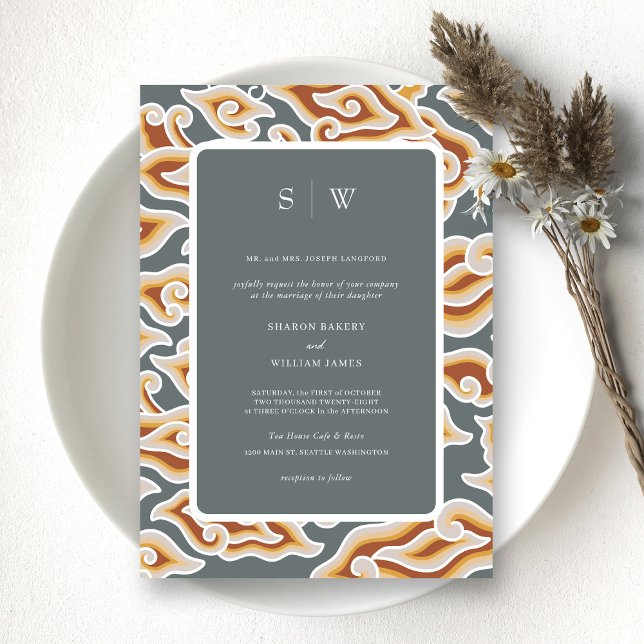 Elegant Grått & Guld Vågar Monogram Bröllop Inbjudningar (Personalized Vibrant Batik Symphony A Multicolor Wedding Invitation)
