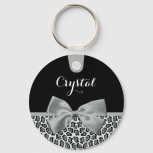 Elegant Grått Jaguar Print Söt Namn Silver Bow Nyckelring